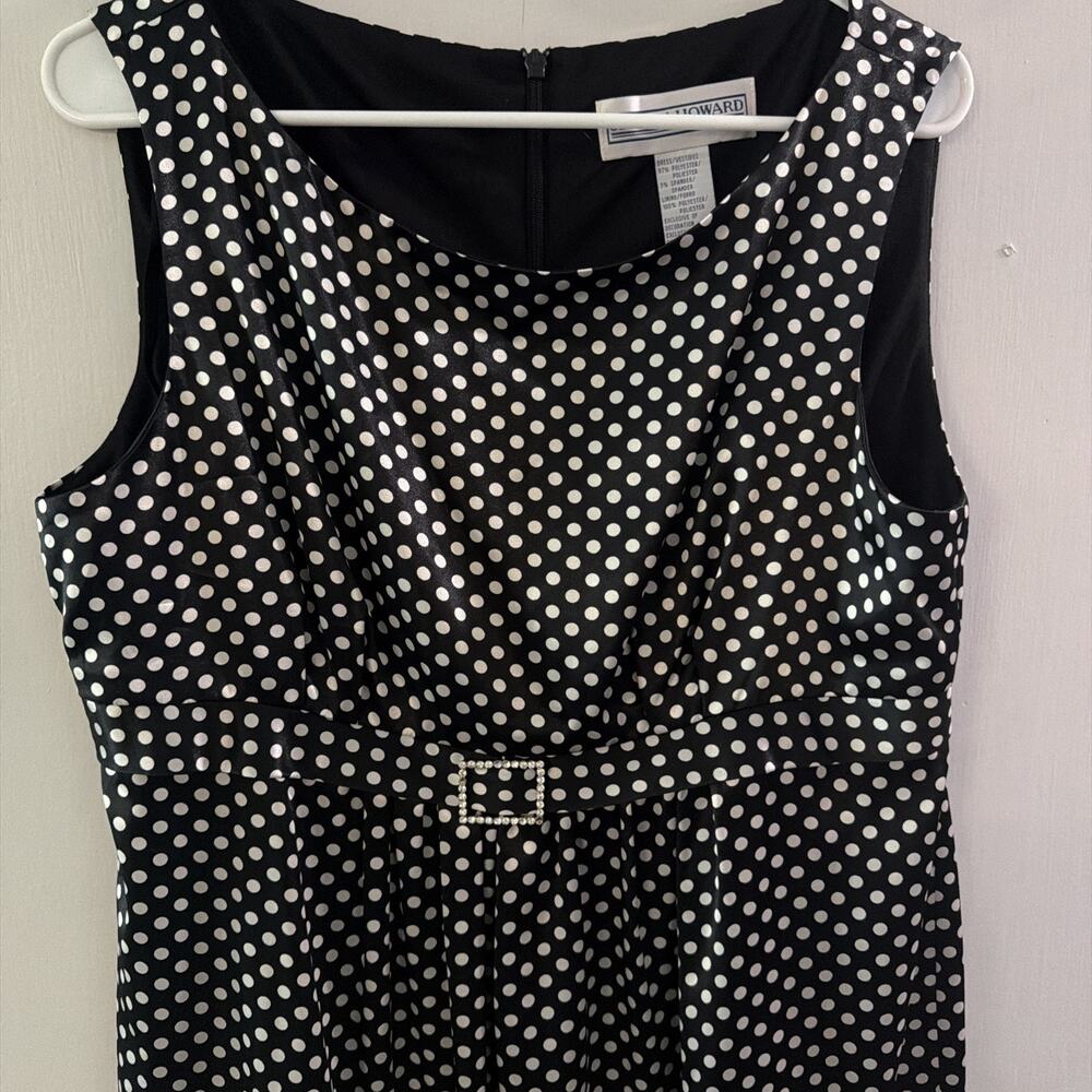 Jessica Howard Black White Polka Dot Dress Sz 14 Sleeveless. Belted Look Satin